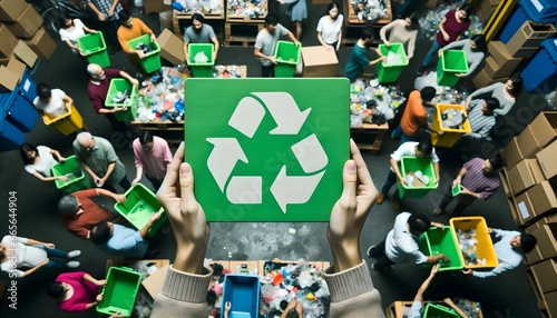 Aerial view of a group of volunteers engaged in separating waste at a recycling centre. Two hands in the foreground hold up a green sign with the recycling symbol, emphasising the importance of collec