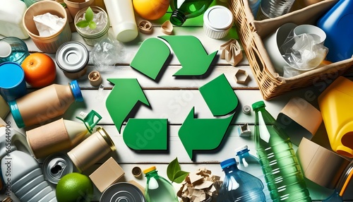 Various recyclable materials arranged on a light wood table with a large green recycling symbol in the centre. The image represents sustainability and environmental responsibility through recycling photo