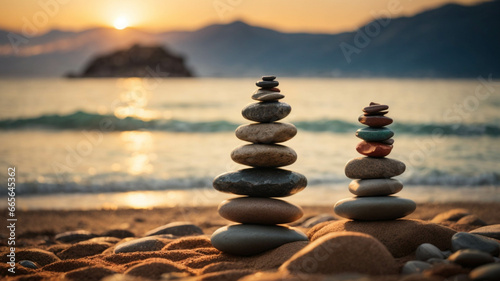 zen stones in nature, outdoors on the beach, concept of spiritual balance and abundance , space for text