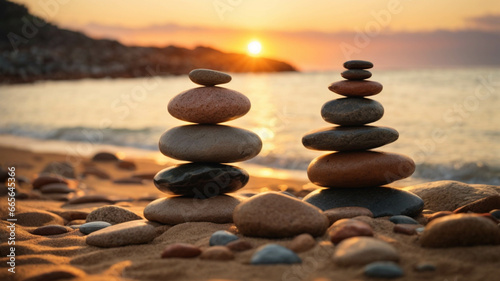 zen stones in nature, outdoors on the beach, concept of spiritual balance and abundance