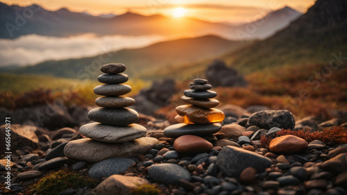 zen stones in nature, outdoors in the mountains, concept of spiritual balance and abundance 