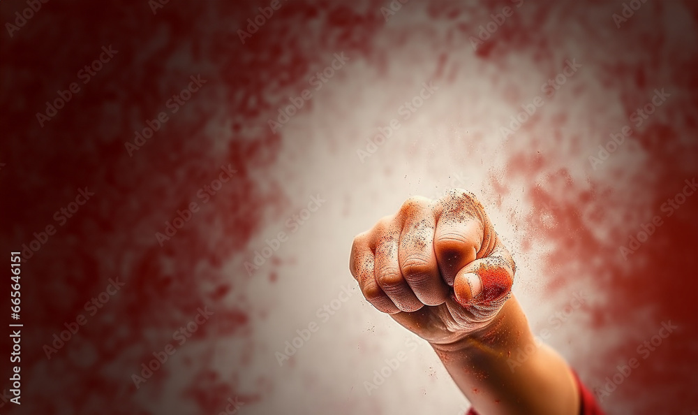Fists with blood. Fighter. Fist blood. Fighter fighter shows a bloody hand folded in a fist. Angry man emotionally anger ready for fight. Copy space - obrazy, fototapety, plakaty 