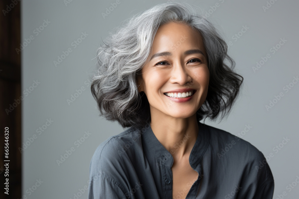 Beautiful grey hair asian woman smiling with smooth face skin. - obrazy, fototapety, plakaty 