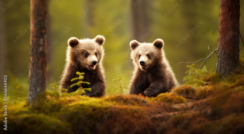 Obraz premium Close-up of cute brown bear cubs in the forest