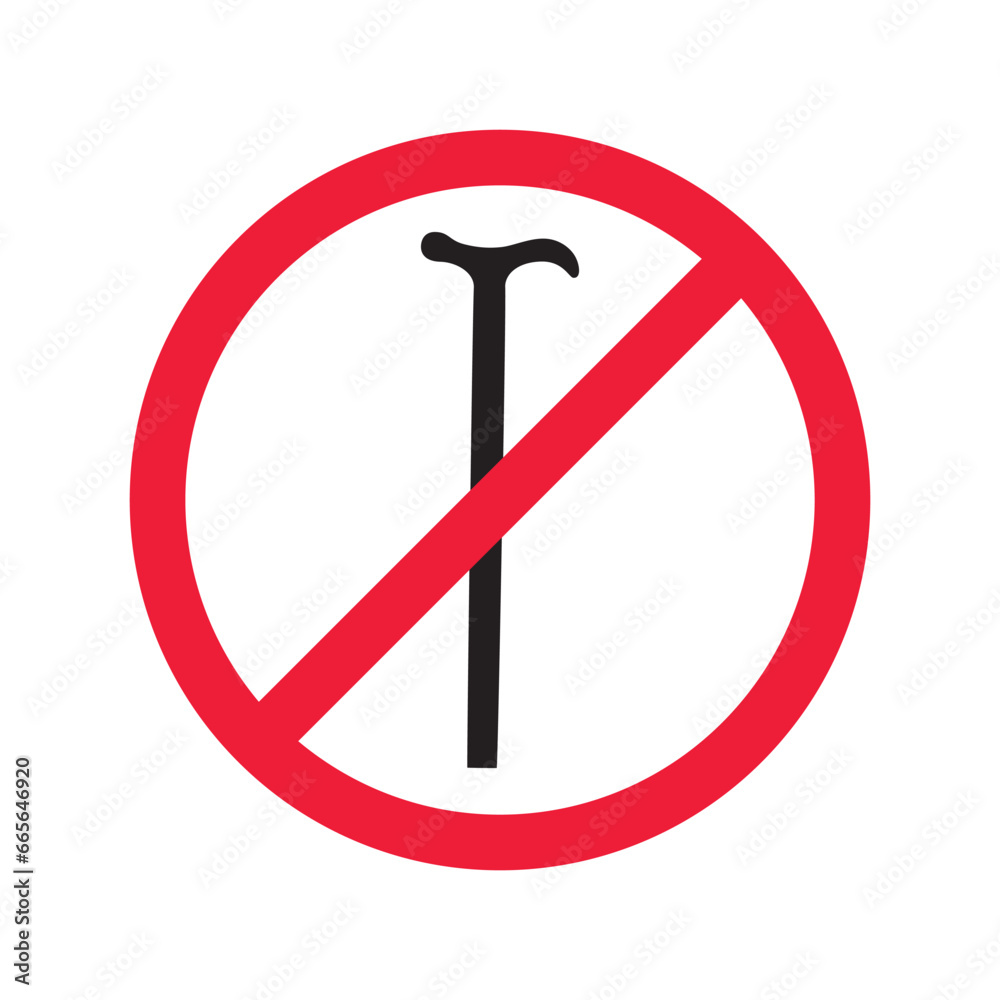 Prohibited walking stick vector icon. No walk stick icon. Forbidden stick icon. No disabled stick tool sign. Warning, caution, attention, restriction, danger flat sign design symbol pictogram Prohibited walking stick vector icon. No walk stick icon. Forbidden stick icon. No disabled stick tool sign. Warning, caution, attention, restriction, danger flat sign design symbol pictogram