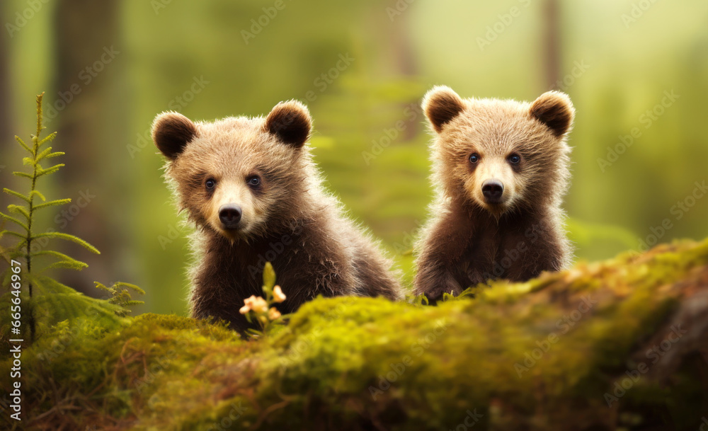 Fototapeta premium Close-up of cute brown bear cubs in the forest