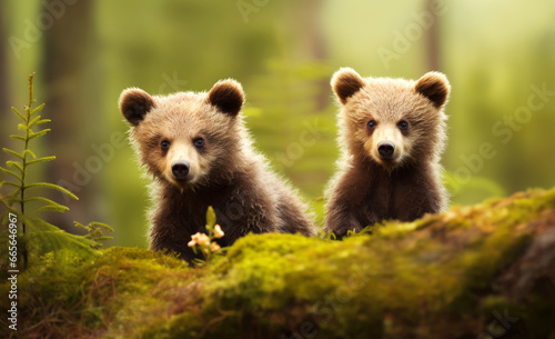 Close-up of cute brown bear cubs in the forest © giedriius