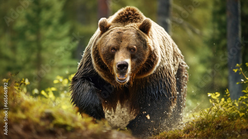 Portrait of an angry brown bear in a forest