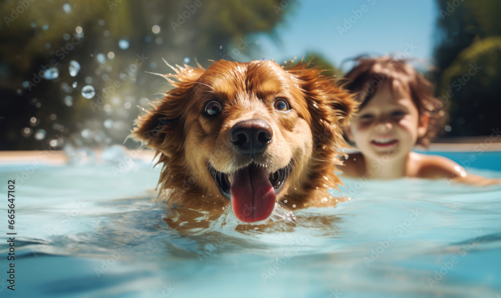 Happy child with his pet dog in a swimming pool