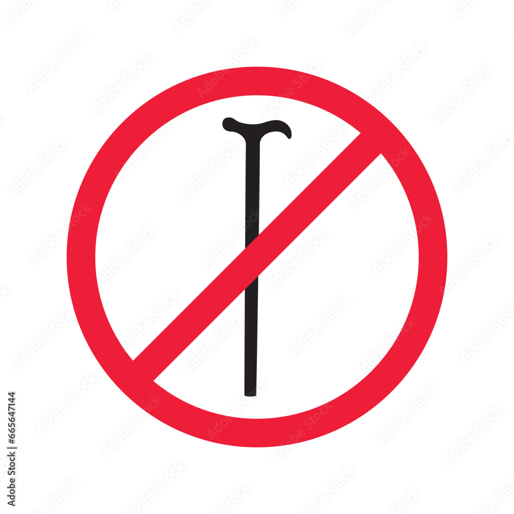 Prohibited walking stick vector icon. No walk stick icon. Forbidden stick icon. No disabled stick tool sign. Warning, caution, attention, restriction, danger flat sign design symbol pictogram Prohibited walking stick vector icon. No walk stick icon. Forbidden stick icon. No disabled stick tool sign. Warning, caution, attention, restriction, danger flat sign design symbol pictogram