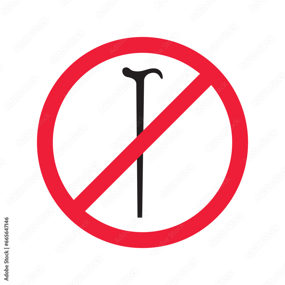 Prohibited walking stick vector icon. No walk stick icon. Forbidden stick icon. No disabled stick tool sign. Warning, caution, attention, restriction, danger flat sign design symbol pictogram Prohibited walking stick vector icon. No walk stick icon. Forbidden stick icon. No disabled stick tool sign. Warning, caution, attention, restriction, danger flat sign design symbol pictogram