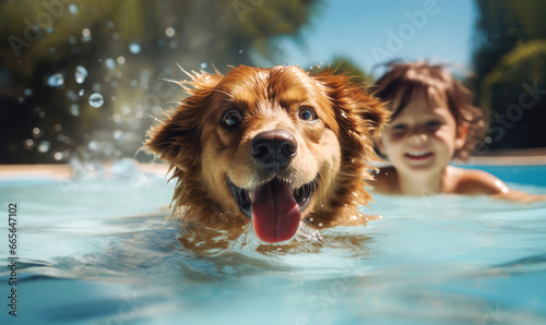 Happy child with his pet dog in a swimming pool © giedriius