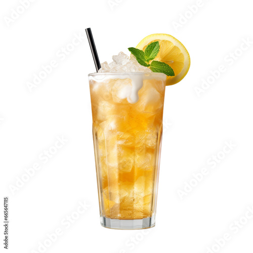 glass of cream soda with lemon  mint and tube isolated on white background  ai generated