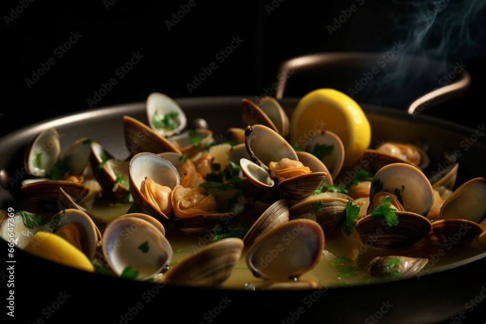 Clams cooked with lemon slices and parsley in a saucepan. Generative AI