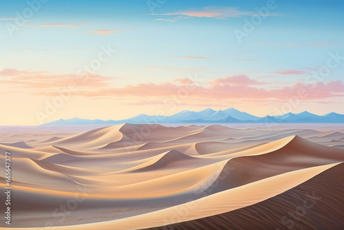 Modern dawn desert scenery featuring sand hills and a sky of shifting turquoise hues. Generative AI
