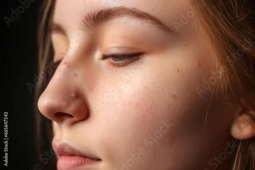 Young woman with skind problems and wart on her nose photo