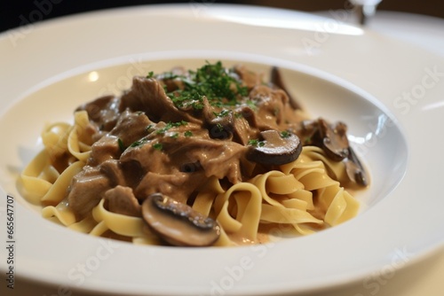 Delicious pasta dish with beef, porcini mushrooms, and a creamy stroganoff sauce. Generative AI