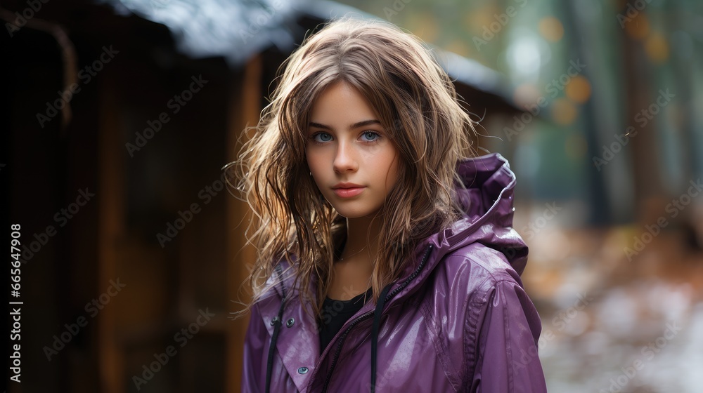 Fototapeta premium A cute girl in a purple rain coat