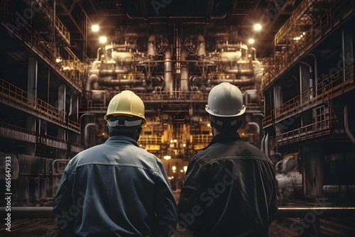 Back view of two male engineers standing together inside a factory © BizTex