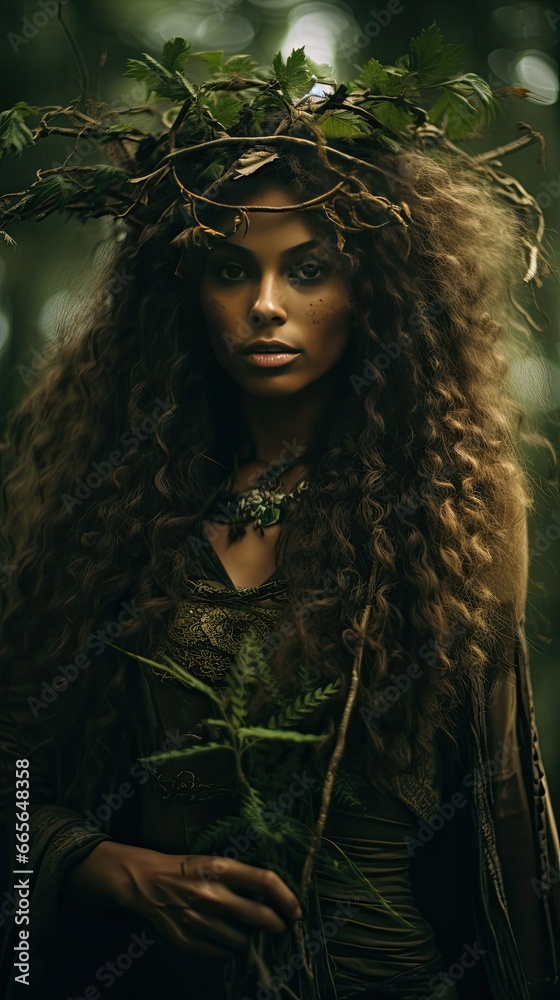 Feral Forest Witch: A wild-looking witch in a dark forest, her presence animalistic and untamed, with a color palette of dark greens and earth tones