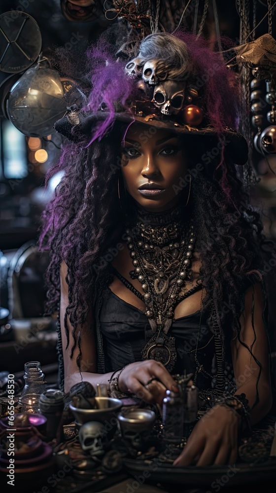 Voodoo Vex Witch: A witch surrounded by voodoo paraphernalia, with a focus on her intense gaze. The color palette should include deep purples and golds for a mystical feel
