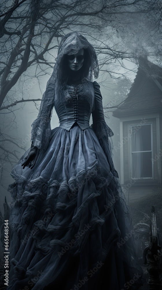 Wraith Witch in Mourning: A witch in Victorian mourning attire, her aura ghostly within a dilapidated estate, using desaturated blues and greys
