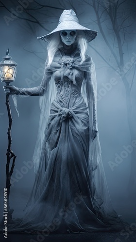 Spectral Illusion Witch: A translucent witch that appears ethereal, with a haunted landscape background. Use pale blues and ghostly whites in the color palette