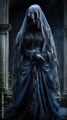 Wraith Witch in Mourning: A witch in Victorian mourning attire, her aura ghostly within a dilapidated estate, using desaturated blues and greys
