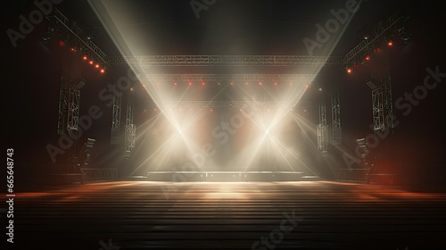 Rock concert stage, backdrop for show with spotlights, steam and smoke. Background for performance. Space of night dance club, AI Generated © Taras
