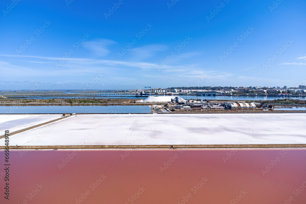 Huelva, Spain October 21, 2023 Salt production in the evaporators of