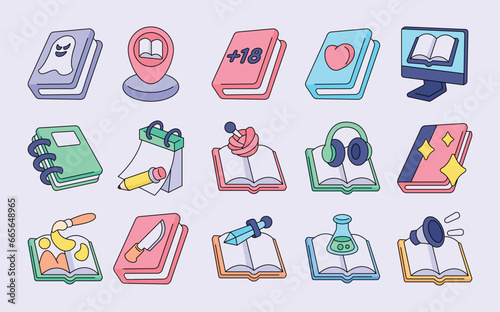 books elements vector illustrations - vector illustrations. book store icons concept isolated. flat drawing
