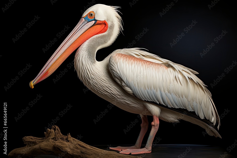 A majestic pelican perched on a branch against a dark backdrop created with Generative AI technology A majestic pelican perched on a branch against a dark backdrop created with Generative AI technology
