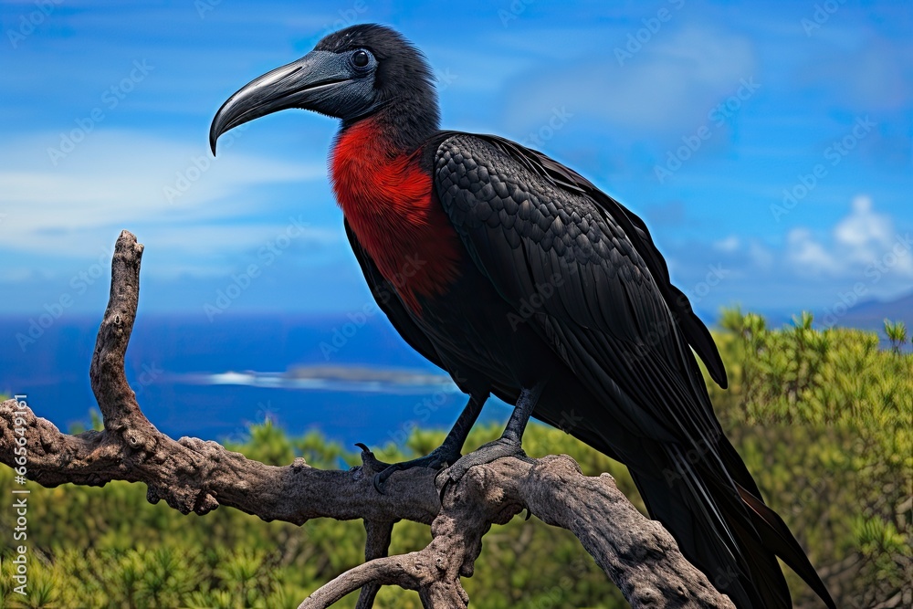 Obraz premium A colorful Magnificent Frigatebird perched on a branch overlooking the stunning ocean scenery created with Generative AI technology