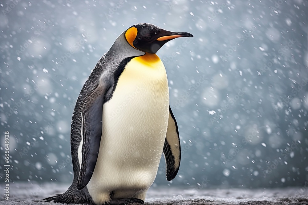 Obraz premium A curious penguin observing its surroundings in a snowy landscape created with Generative AI technology
