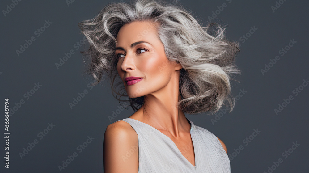 Naklejka premium Portrait of a Mature Beautiful Woman on a clean Background with Space for Copy