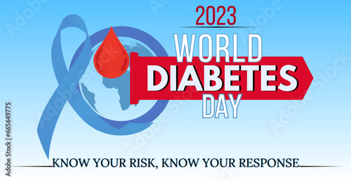 World Diabetes day 2023, diabetes day slogan with awareness ribbon and typograhy