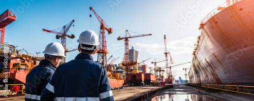 Naval industry workers with ships under construction in background photo