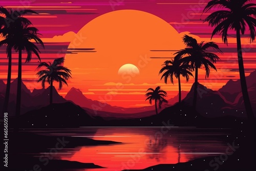 Sunset background with a trendy vibe inspired by the 80's. Generative AI