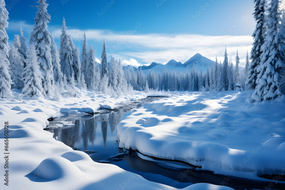 Fotografi Winter's Whimsical Reverie, A Snowy Landscape Transformed into an Enchanted Wond