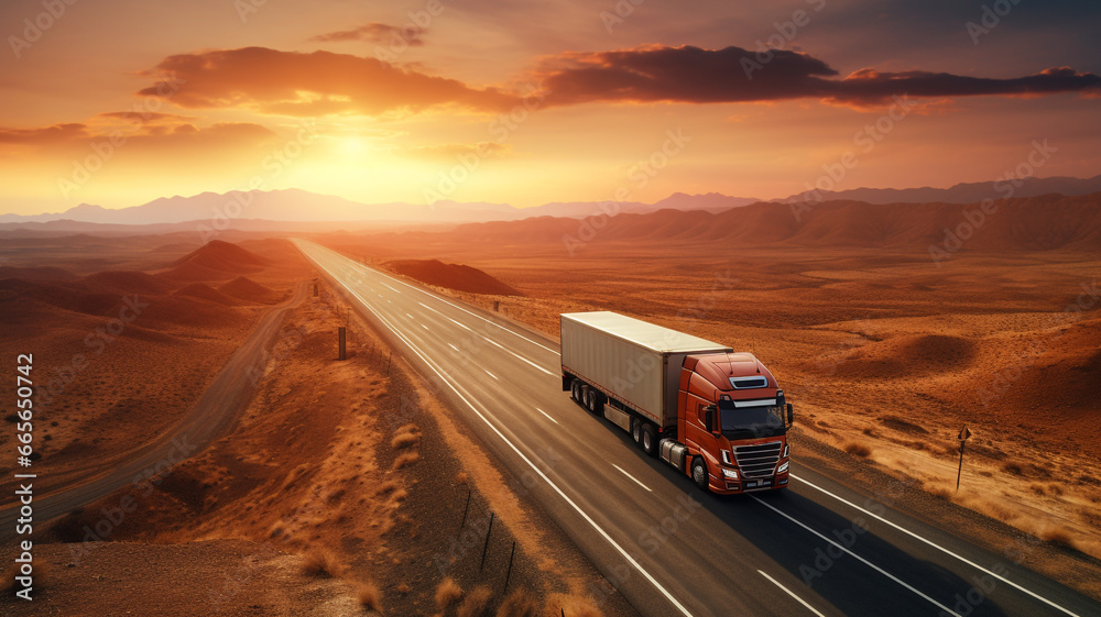 Top view of logistic transport truck with sun rising background.