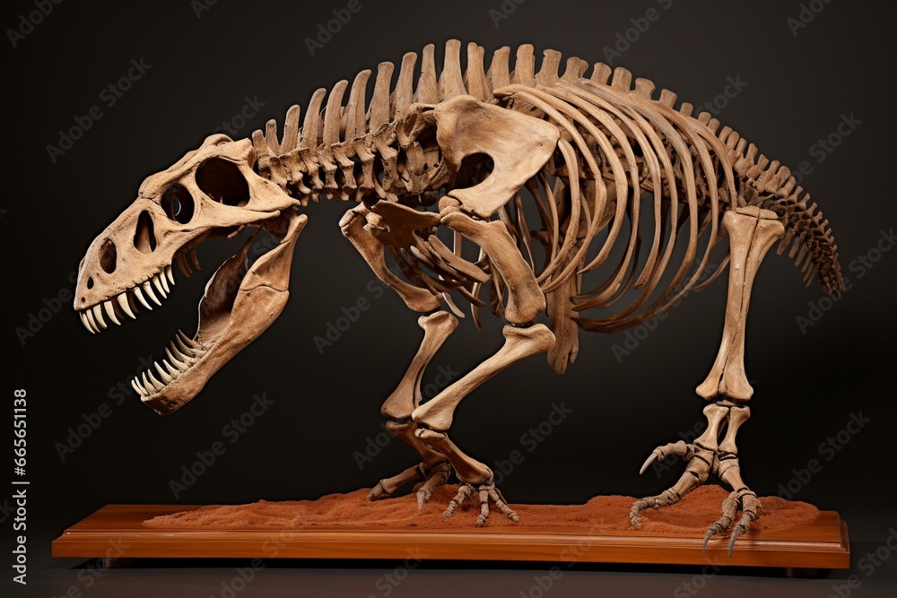 Complete dinosaur fossil skeleton. Generative AI