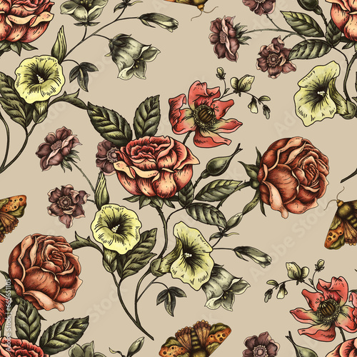 Vintage floral seamless pattern. Blooming dark flowers, Victorian wildflowers
