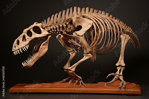 Complete dinosaur fossil skeleton. Generative AI © Soraya