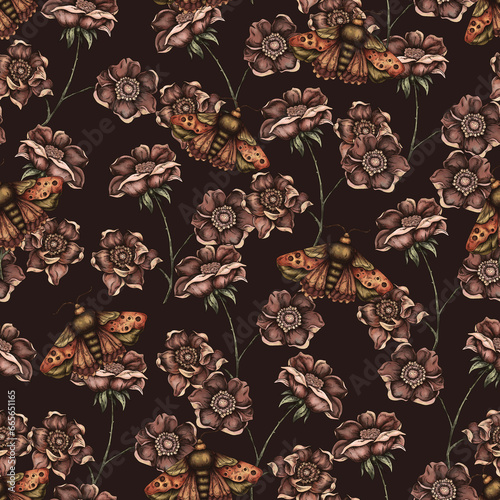 Vintage floral seamless pattern. Blooming dark flowers, Victorian wildflowers