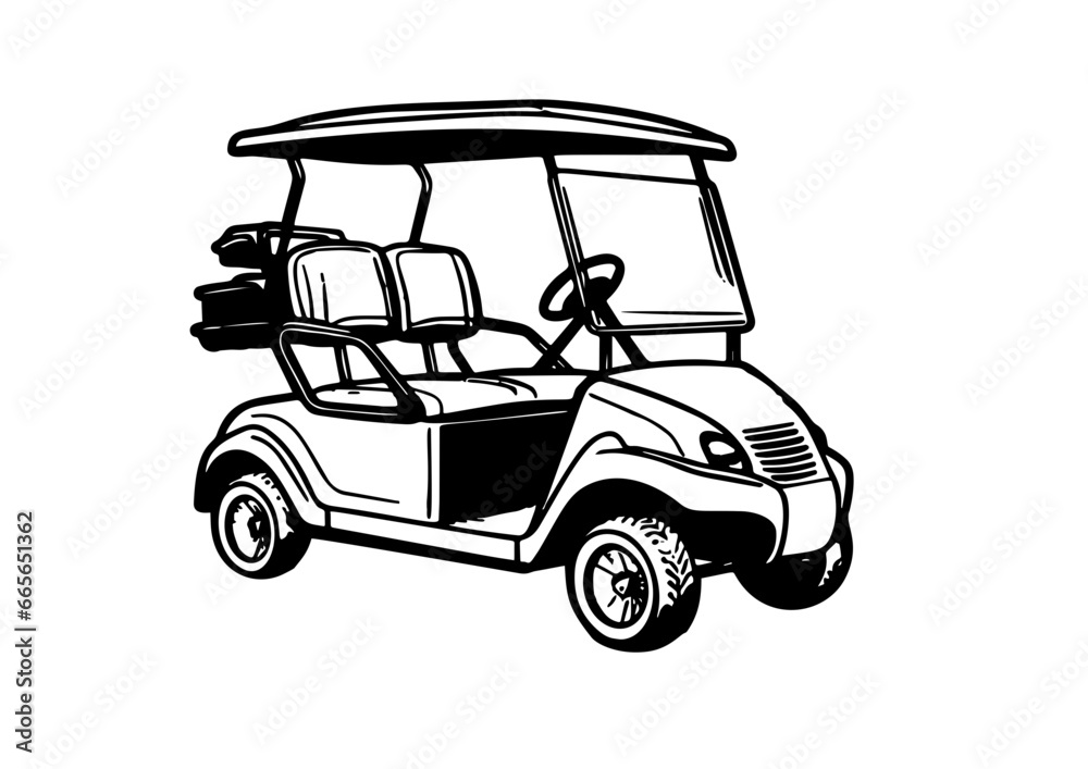 Golf cart or buggy side view vector monochrome object, design element in vintage style isolated on white background