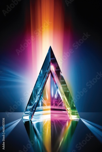 Triangle shaped glass prism showing light in rainbow colors. Looking world trough positive view. Optimism. 