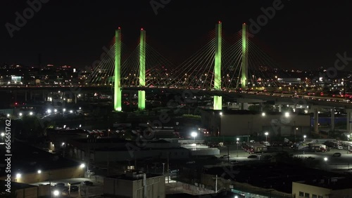 Aerial view of evening rush hour traffic passing over New York City's kosciuszko bridge photo