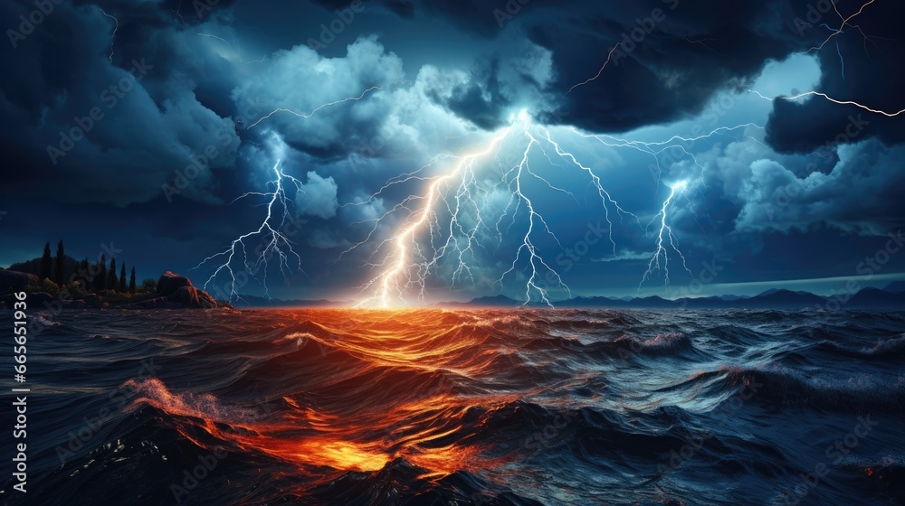 Lightning striking on the sea