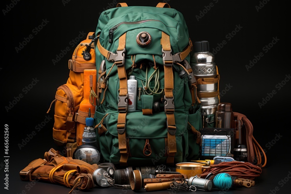 backpack fully equipped  for mountain climbing - obrazy, fototapety, plakaty 
