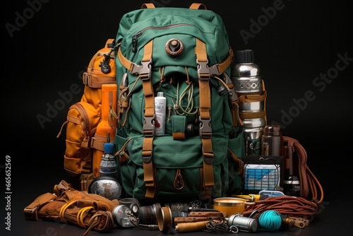 backpack fully equipped for mountain climbing